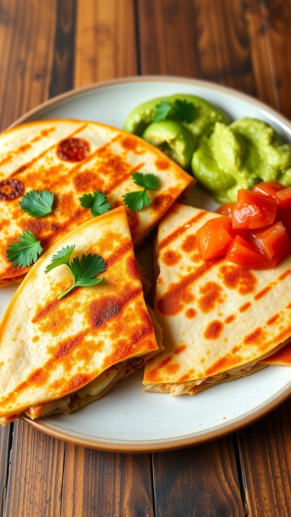 Golden chicken quesadillas cut into wedges, served with salsa and guacamole on a rustic table.